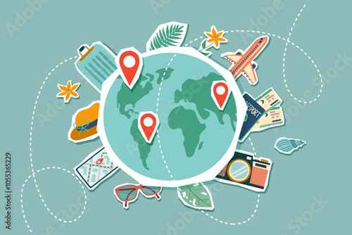 Travel collage. Summer vacation banner. Planet Earth with travel dectinations and travel object around. Travel concept.