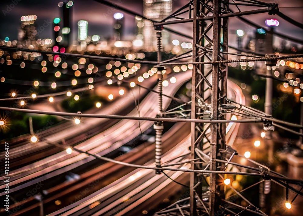 Obraz premium Abstract Tilt-Shift Photography of Power Lines and Electric Transmission Lines in an Urban Landscape