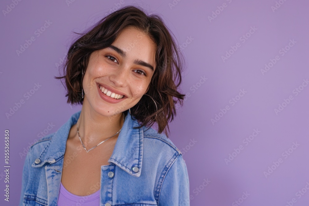 A woman wearing a denim jacket smiles directly at the camera A woman wearing a denim jacket smiles directly at the camera