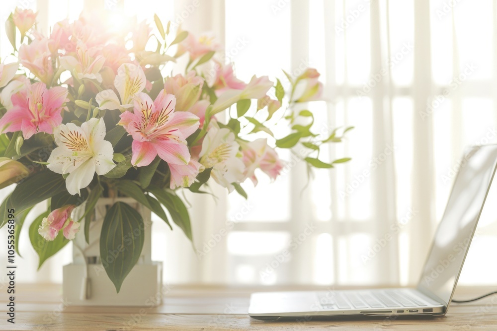 A beautiful arrangement of pink and white flowers sits next to a laptop, perfect for a home office or study space A beautiful arrangement of pink and white flowers sits next to a laptop, perfect for a home office or study space