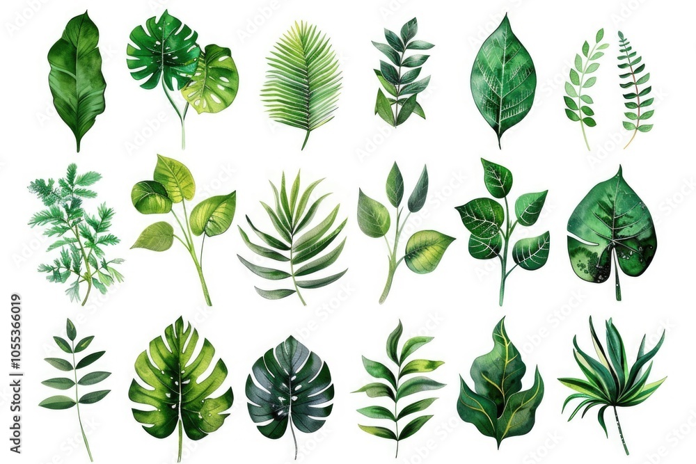 A colorful illustration of tropical leaves painted in watercolor style A colorful illustration of tropical leaves painted in watercolor style