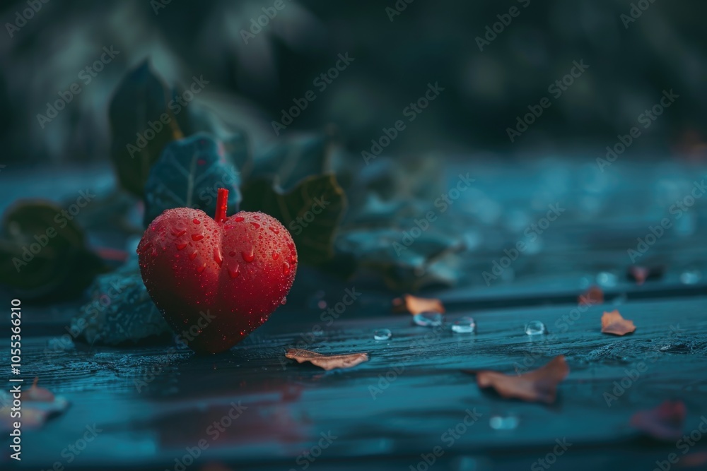 Fototapeta premium A single red apple sits on a wooden table