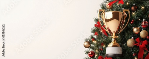Festive Christmas football trophy celebration concept. A festive trophy stands amidst a beautifully adorned Christmas tree symbolizing celebration and achievement during the holiday season