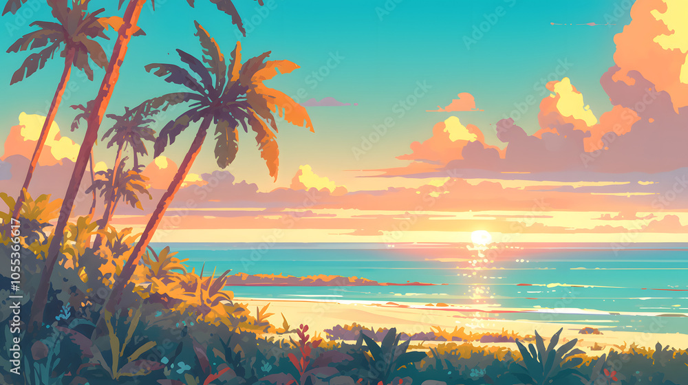 Tropical Sunset by the Beach with Silhouetted Palm Trees and Gentle Waves under a Golden Sun and Soothing Sky in a Vibrant Vintage Style Landscape Tropical Sunset by the Beach with Silhouetted Palm Trees and Gentle Waves under a Golden Sun and Soothing Sky in a Vibrant Vintage Style Landscape