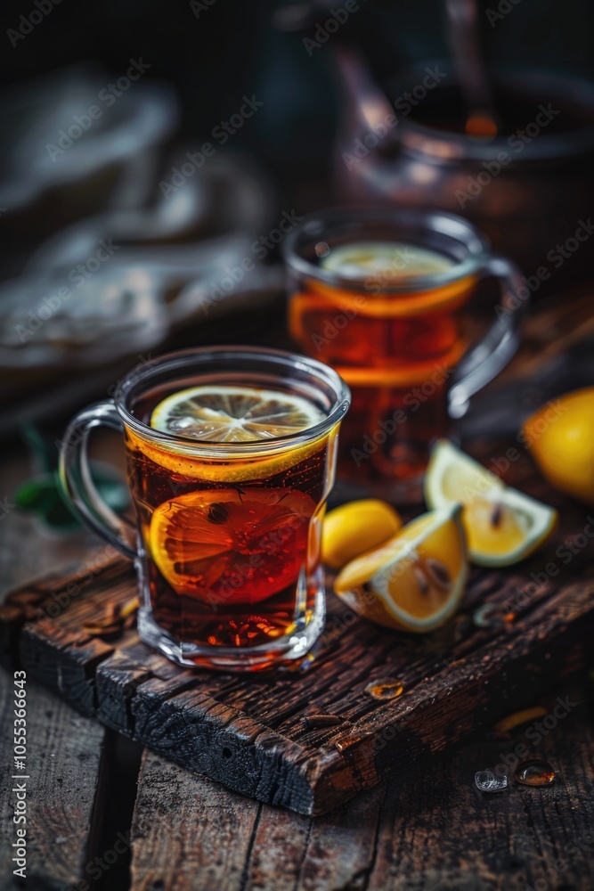 A warm cup of tea with slices of lemon, perfect for a cozy moment A warm cup of tea with slices of lemon, perfect for a cozy moment