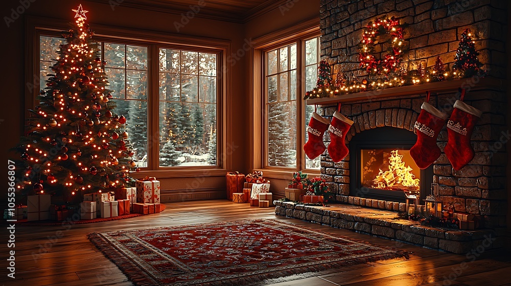 Cozy living room with a decorated Christmas tree, presents, a fireplace with stockings, and a snowy winter scene outside the window. Cozy living room with a decorated Christmas tree, presents, a fireplace with stockings, and a snowy winter scene outside the window.
