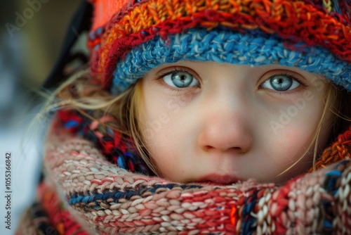 A young child wearing a hat and scarf, perfect for use in a family or educational setting