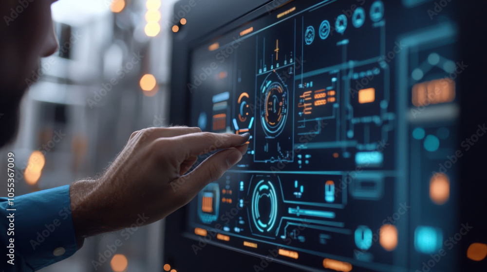 A person uses a futuristic digital interface in a modern workspace at night A person uses a futuristic digital interface in a modern workspace at night