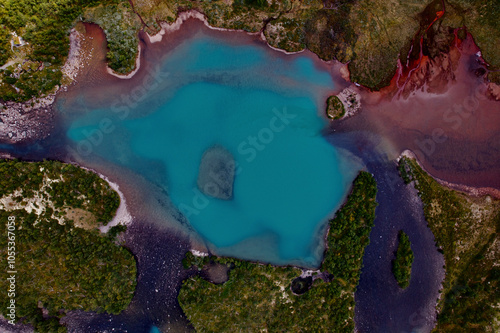 Aerial view of abstract glacier waters in Jotunheimen National Park, Tessand, Norway.