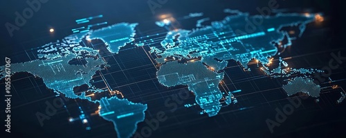 Global security surveillance network with digital overlays on a world map, representing military defense and monitoring systems