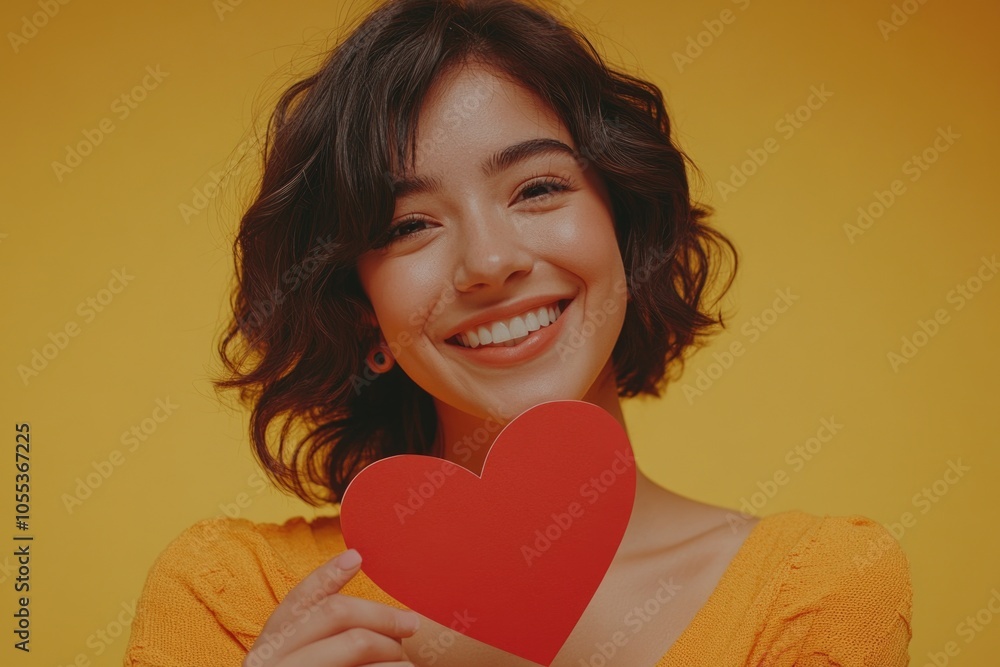 A woman holds up a red paper heart, blocking her face from view A woman holds up a red paper heart, blocking her face from view