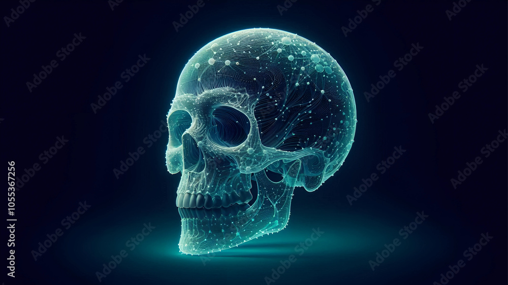 A close-up digital animation of a glowing human skull. A close-up digital animation of a glowing human skull.