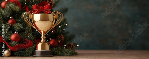 Festive Christmas football trophy celebration concept. A golden trophy sits next to a decorated Christmas tree combining festive cheer with a sense of achievement and celebration