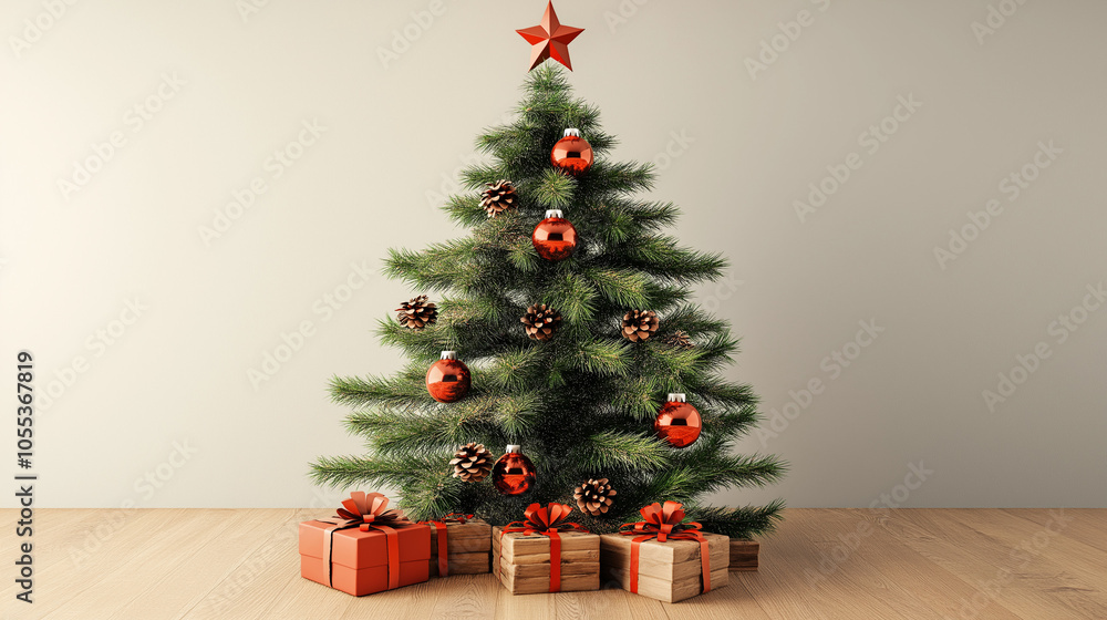 3d wild green Christmas tree with wooden ornaments like red presents 3d wild green Christmas tree with wooden ornaments like red presents