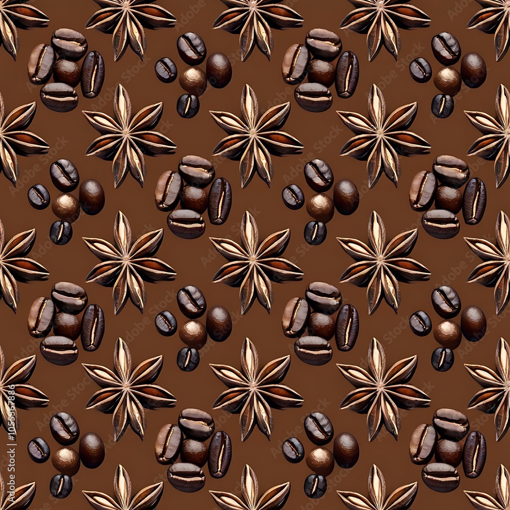Seamless pattern with coffee beans and anise stars isolated on brown Seamless pattern with coffee beans and anise stars isolated on brown