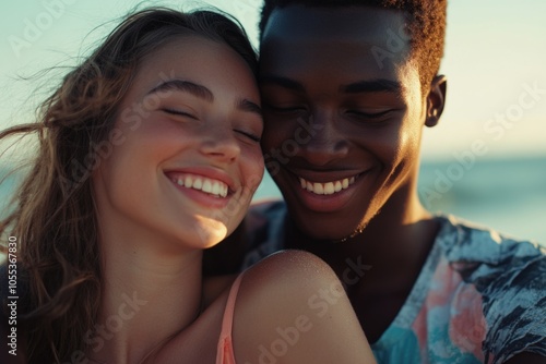 A romantic moment between two people, embracing each other on the sandy beach