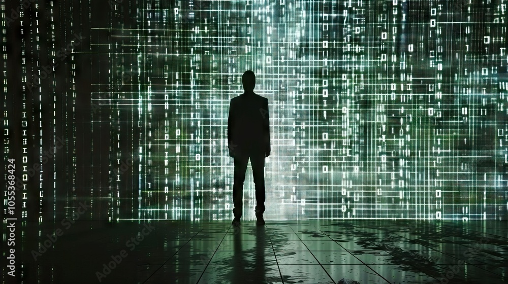 Man monitors data security on virtual screen with binary code. Man monitors data security on virtual screen with binary code.