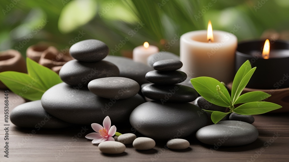 spa still life with zen stone, candle, and flowers spa still life with zen stone, candle, and flowers