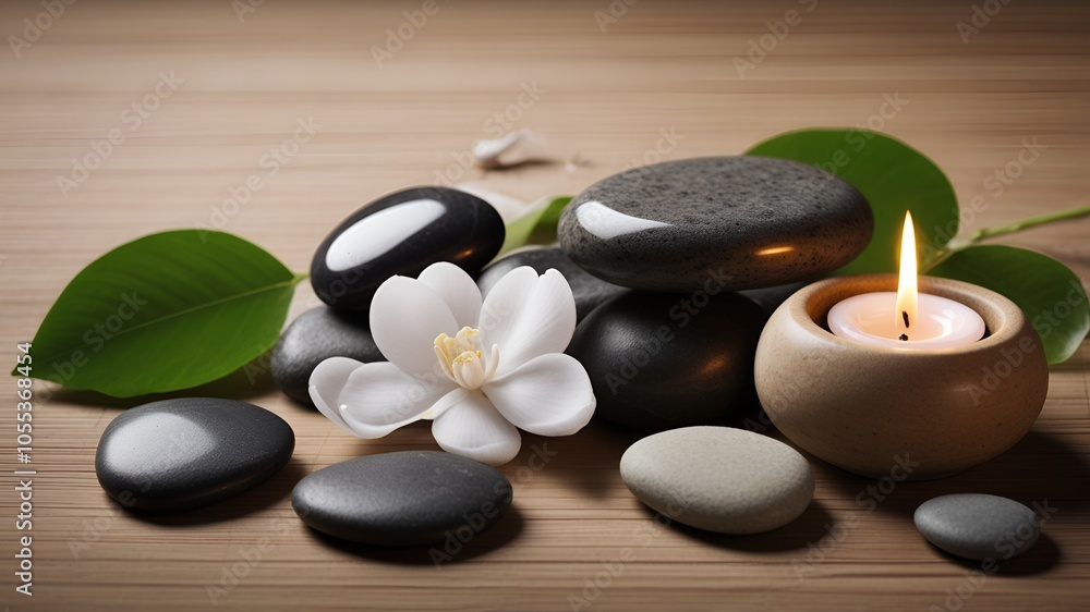 spa still life with zen stone, candle, and flowers spa still life with zen stone, candle, and flowers