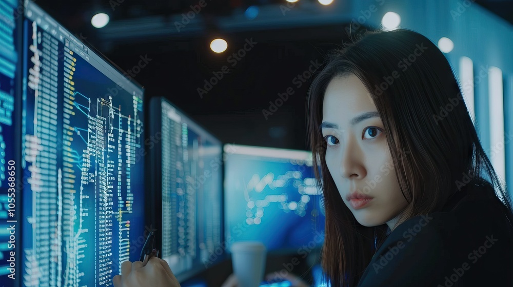 Asian woman coding with binary code for cybersecurity and AI. Asian woman coding with binary code for cybersecurity and AI.