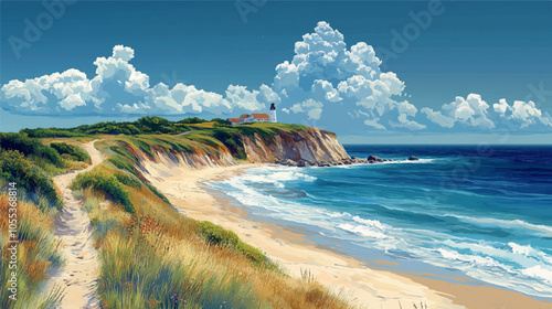 A serene coastal scene featuring a sandy beach with gentle waves, bordered by lush grass and a winding path leading to a lighthouse on the cliff under a bright blue sky