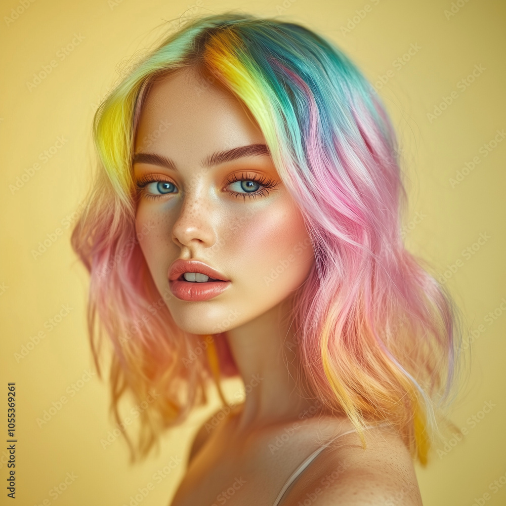 Enchanting pastel rainbow hairstyle frames a serene woman's face, adorned with soft makeup and freckles, highlighting tranquil beauty and modern elegance. Enchanting pastel rainbow hairstyle frames a serene woman's face, adorned with soft makeup and freckles, highlighting tranquil beauty and modern elegance.