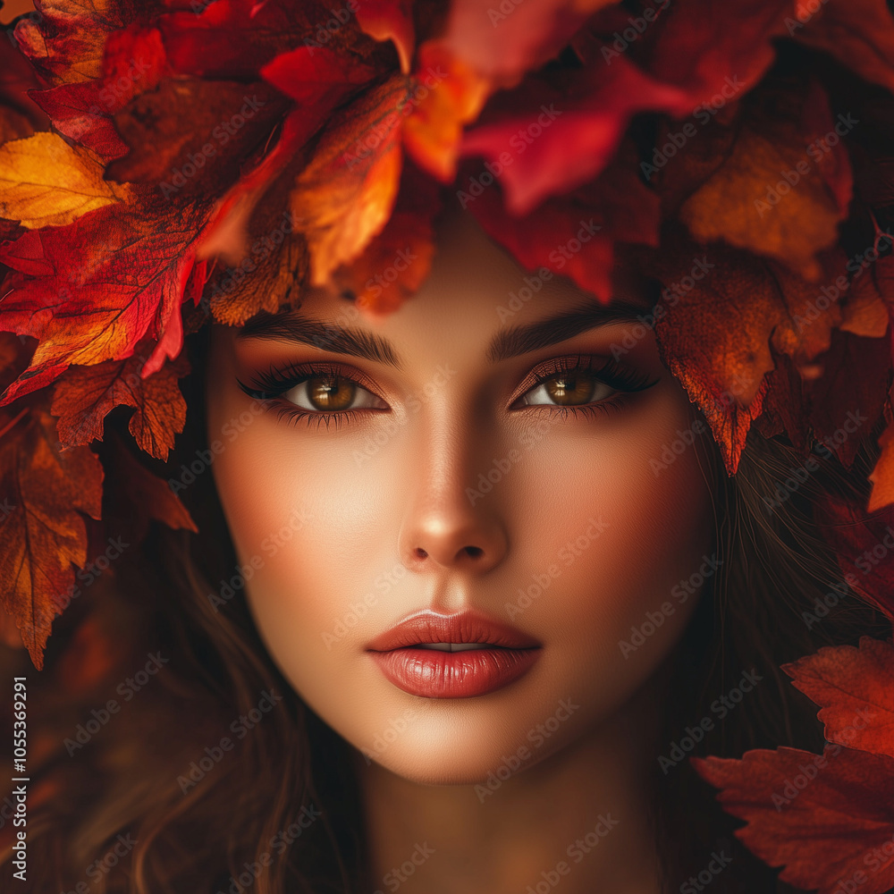 A striking portrait of a woman framed by vibrant red and orange autumn leaves, highlighting her luminous skin and deep brown eyes in an enchanting autumn setting. A striking portrait of a woman framed by vibrant red and orange autumn leaves, highlighting her luminous skin and deep brown eyes in an enchanting autumn setting.