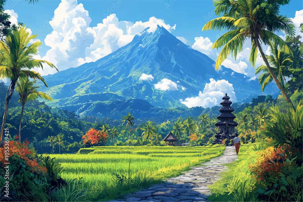 Obraz premium A breathtaking view of a volcano towering over lush rice terraces, surrounded by palm trees and traditional architecture, all under a bright blue sky filled with fluffy white clouds