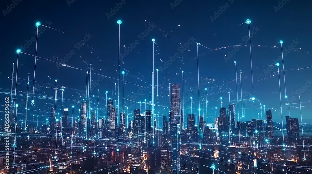A dynamic city skyline illuminated by the lights of interconnected hightech structures A dynamic city skyline illuminated by the lights of interconnected hightech structures