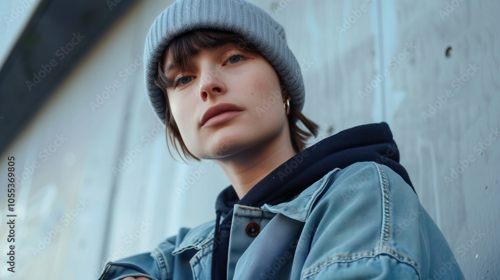 good looking non binary model in trendy beanie hat posing with one hand in pocket fashion concept good looking non binary model in trendy beanie hat posing with one hand in pocket fashion concept