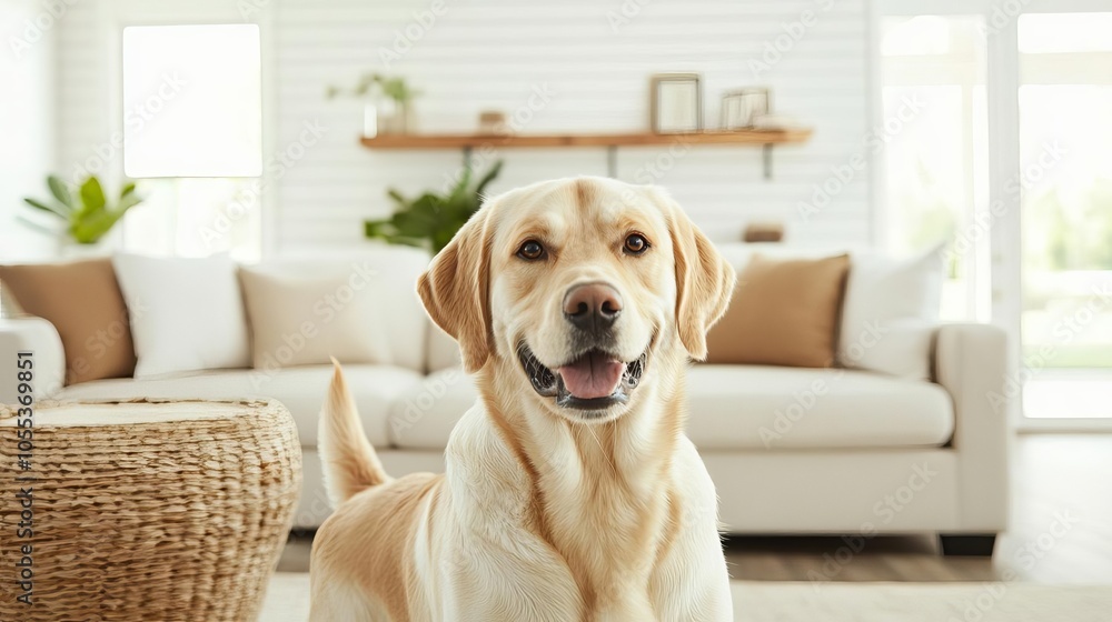 Dog wagging its tail in a cozy farmhouse living room, warm hues and soft textiles making it inviting, living room, dog, cozy atmosphere Dog wagging its tail in a cozy farmhouse living room, warm hues and soft textiles making it inviting, living room, dog, cozy atmosphere