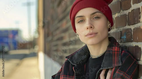 good looking non binary model in trendy beanie hat posing with one hand in pocket  fashion concept photo