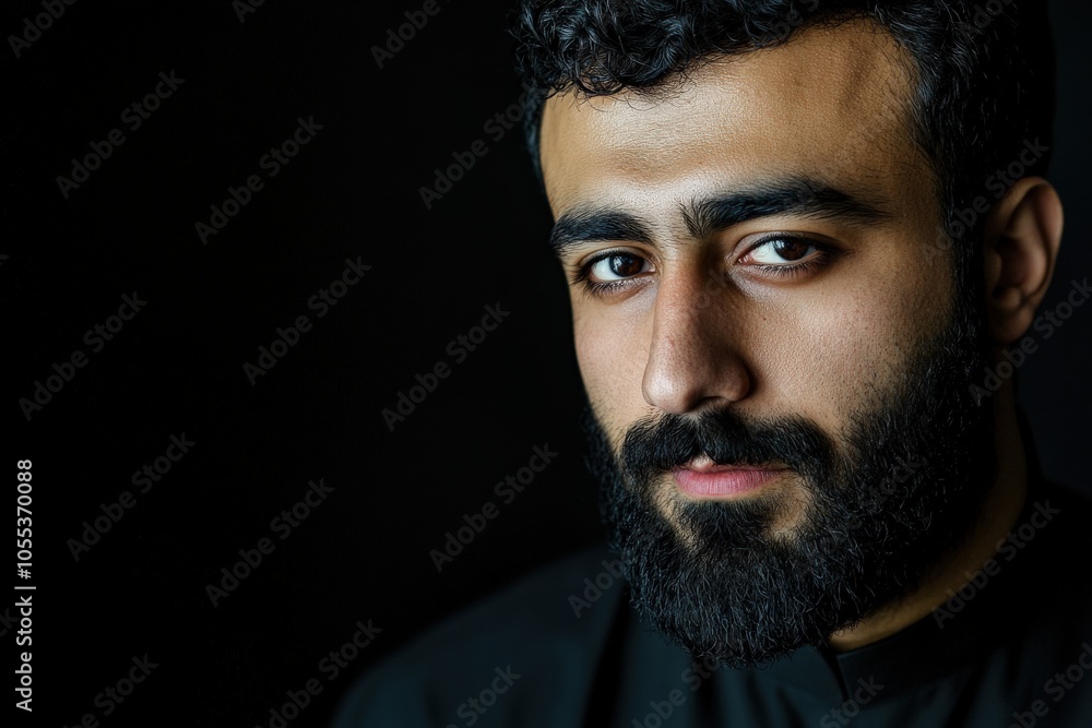 Persian Man. Attractive Bearded Hipster in Portrait Against Black Background Persian Man. Attractive Bearded Hipster in Portrait Against Black Background