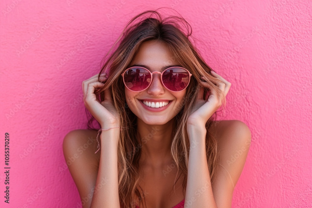 A beautiful young woman wearing sunglasses poses against a bright pink wall