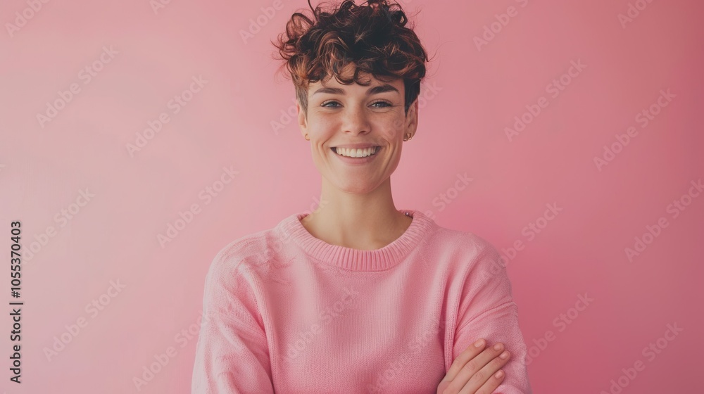 Non binary person standing confidently in front of pink background.
