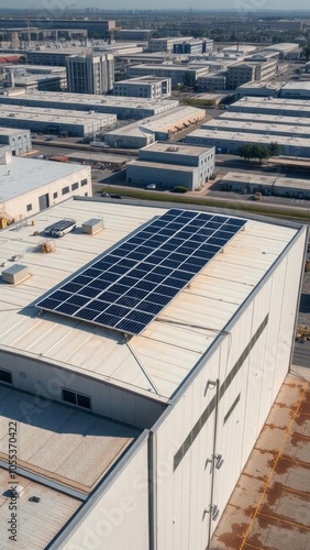 Solar panels installed on a roof of a large warehouse or industrial building industrial buildings in the background aerial view solar panel Ultra realistic Photorealistic 