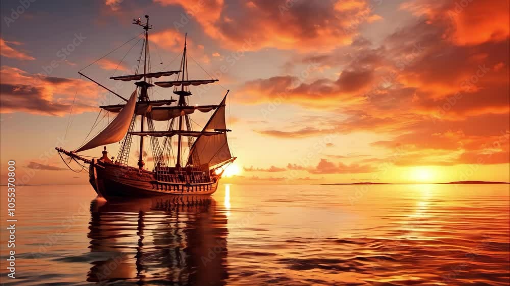 A sailing ship on calm waters during a vibrant sunset, with colorful clouds reflecting in the water.