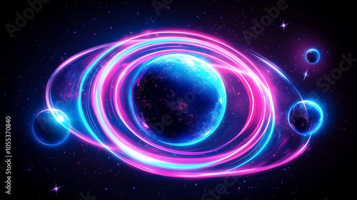 A central planet captivated by swirling neon rings and smaller satellites gives an impression of motion and dynamic energy in the boundless universe.