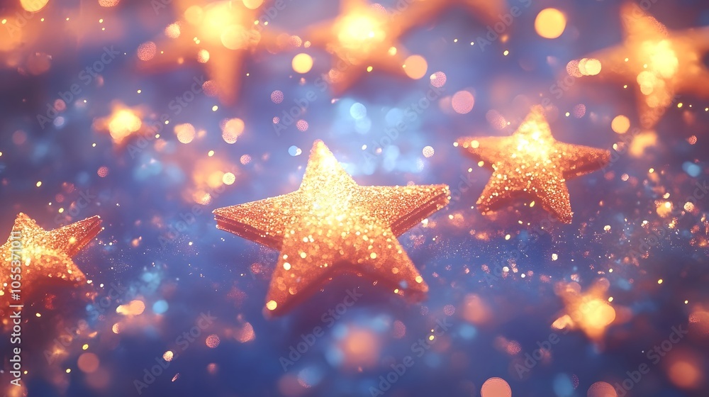 Golden glittering stars on a dreamy blue background creating a whimsical atmosphere. Golden glittering stars on a dreamy blue background creating a whimsical atmosphere.