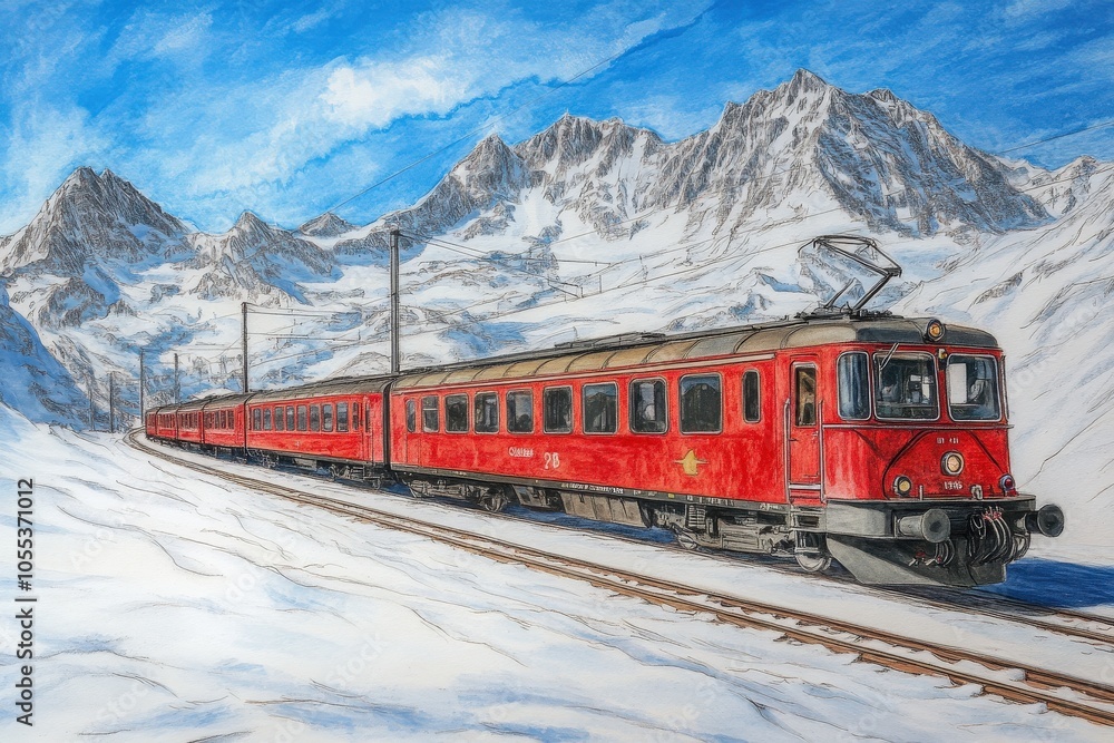 Switzerland Train at Morteratsch Glacier Bernina Alps - Red Train in the Heart of Swiss Mountains Switzerland Train at Morteratsch Glacier Bernina Alps - Red Train in the Heart of Swiss Mountains