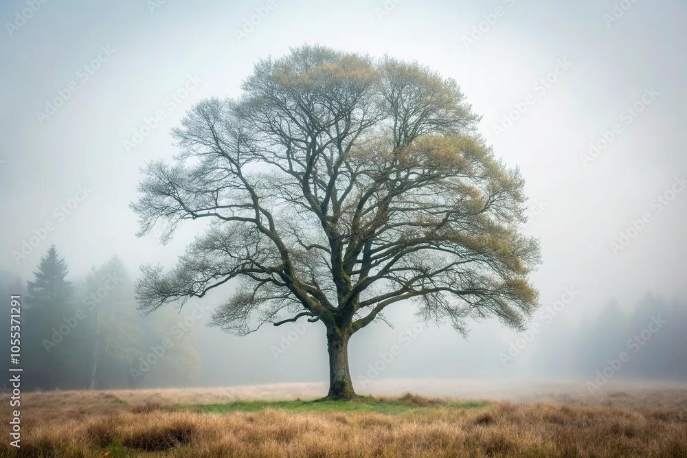 A lone tree stands in a misty forest landscape with grey bark and branches against the pale grey sky, scenery, branches, wood A lone tree stands in a misty forest landscape with grey bark and branches against the pale grey sky, scenery, branches, wood