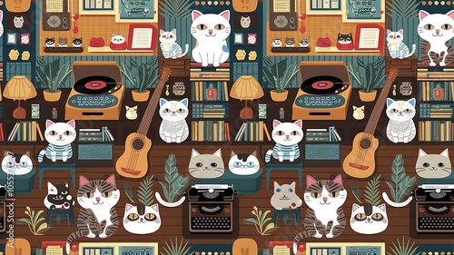 Seamless pattern with hipster cute cats for children