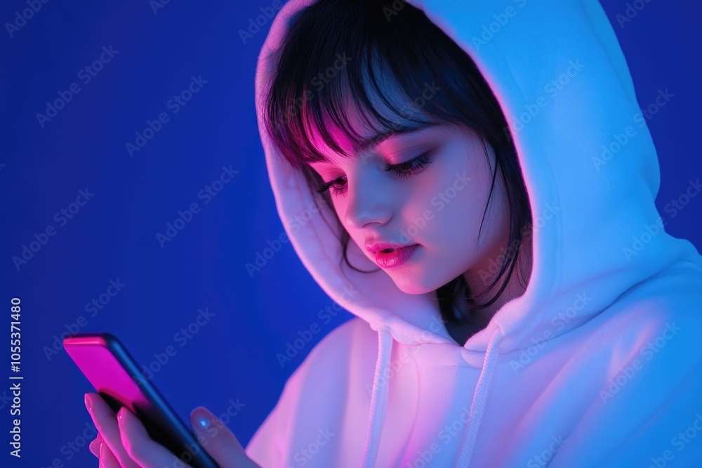 A young woman examining her phone in a casual setting A young woman examining her phone in a casual setting