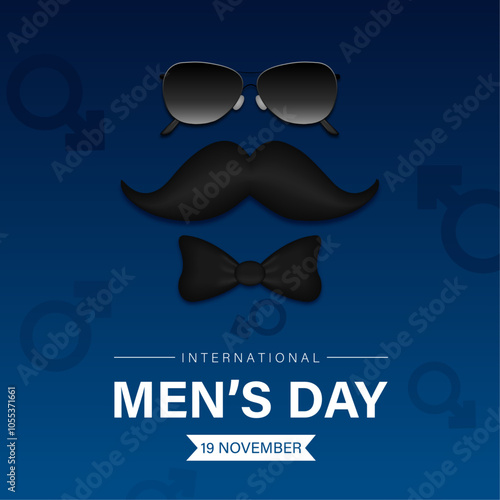 International men's day, flat template design with mustache، sunglasses and bow vector illustration.