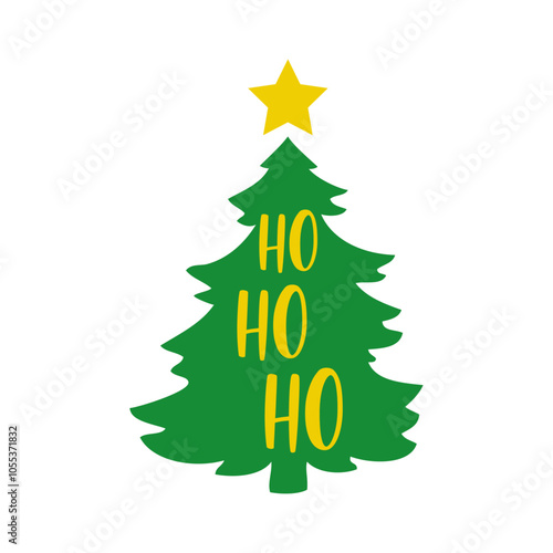 Tiempo de Navidad. Logo con mensaje Ho Ho Ho de Santa Claus en silueta de árbol de navidad con estrella para tarjetas y felicitaciones