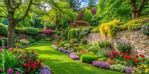 A lush green garden with vibrant flowers and trees surrounded by a natural stone wall, agriculture, botanical, tree, floral