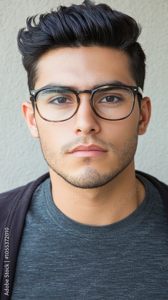 A young Hispanic man showcases metallic frame glasses with soft shadows enhancing his modern look A young Hispanic man showcases metallic frame glasses with soft shadows enhancing his modern look