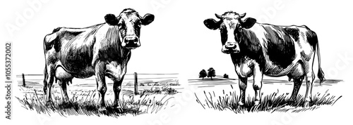 Farm animals and nature in rustic countryside – black vector drawing