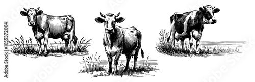 Farm animals and nature in rustic countryside – black vector drawing