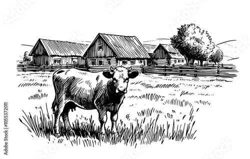 Detailed illustration of cow on farm with barns – black vector art